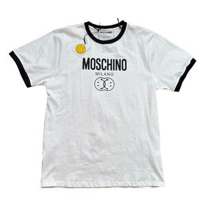 NWT Moschino Men's T-Shirt White Black Ringer Logo Double Smiley Sz. XL